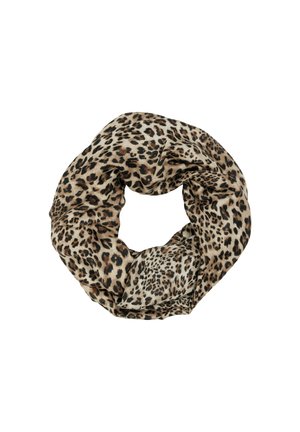Leopard print infinity scarf, made from soft fabric, features a mix of brown, tan, and black spots on a light beige background.