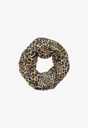 Leopard print infinity scarf, made from soft fabric, features a mix of brown, tan, and black spots on a light beige background.
