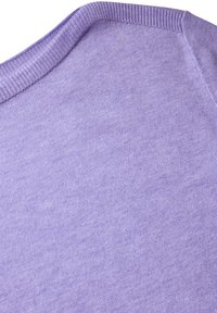 Soft lavender crew neck sweater showing ribbed neckline and fine knit texture.