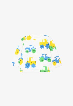 Camicia bianca a maniche lunghe con stampe di trattori colorati e ingranaggi in blu, verde, giallo e con disegni di sole sorridente; materiale in cotone morbido.