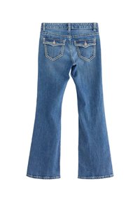 Blå denim vidbenade jeans med medelhög midja, med två bakfickor med ljus söm och en övergripande mjuk textur.