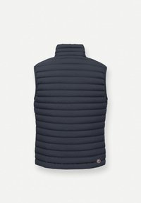 Navy puffer vest with a high collar, featuring horizontal quilted panels, a fitted shape, and a small circular logo near the hem.