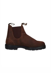 Stivaletto Chelsea in pelle marrone con pannelli laterali elastici, linguette per il tiro e suola nera robusta; texture liscia con dettagli cuciti.