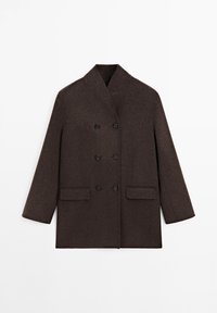 Brown double-breasted coat with a shawl collar, made of textured fabric, featuring two front pockets and black buttons.