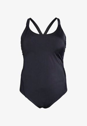 Mustameline ühes tükis bikiin, millel on õhukesed, ristuvad rihmad ja sile tekstuur. Omab klassikalist ujumisriiete siluetti minimaalsete detailidega.