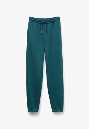 Pantalones de chándal color verde azulado, hechos de un tejido suave, con cinturilla elástica y cordón, bolsillos laterales y tobillos ajustados.