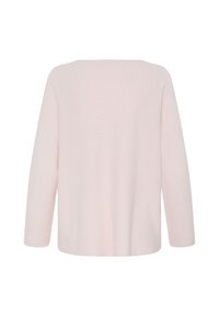 Pull rose clair à manches longues avec un col bateau, vu de dos sur fond blanc.