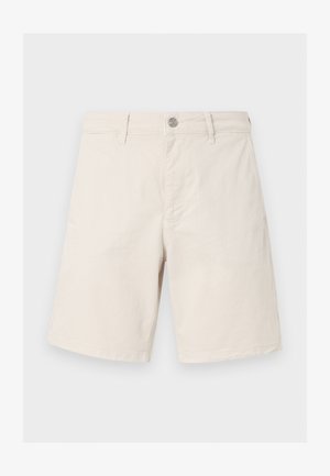 Beežid puuvillased lühikesed püksid vööaasade, ees oleva nööbi, tõmbluku ja sirge äärega, esitatuna helehallil taustal.