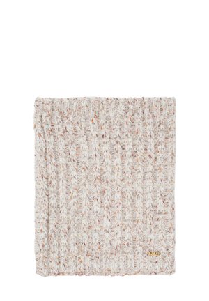 Strick-Schal in hellbeigen und cremefarbenen Tönen, mit strukturierten Rippmustern und dezenten orangefarbenen Sprenkeln. Enthält ein kleines goldfarbenes Logo-Element.