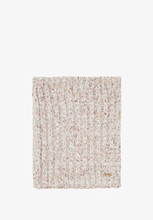 Neulettävä kaula-asu vaaleanbeigeissä ja kermanvärisissä sävyissä, jossa on teksturoitu ribbikuvio ja huomaamattomia oransseja pilkkuja. Sisältää pienen kultaisen logo-aksentin.