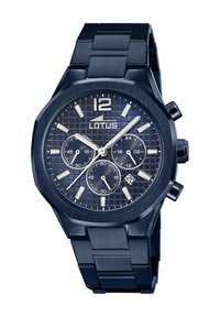 Montre chronographe en acier inoxydable bleu marine avec un cadran texturé, des chiffres audacieux, plusieurs sous-cadrans et une fenêtre de date. Accentuée de détails argentés.