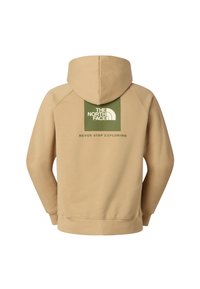Beiger Kapuzenpullover mit grünem quadratischem Logo und dem Text "THE NORTH FACE" sowie "NEVER STOP EXPLORING" auf der Rückseite.