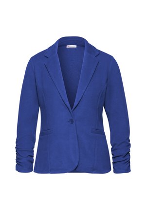 Blazer bleu en tissu doux, présentant une fermeture à un seul bouton, des poches latérales inclinées et des manches froncées pour plus de détail.
