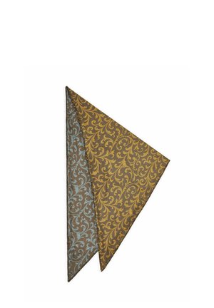 Folded fabric with a symmetrical floral vine pattern, one side in blue and brown, the other in yellow and brown, with stitched edging.