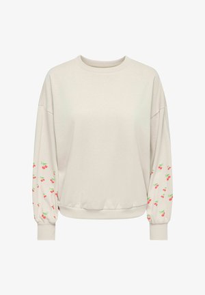 Lichtbeige sweatshirt met een ronde hals en lange mouwen, voorzien van een herhaald kersenpatroon op de mouwen en geribbelde boorden.