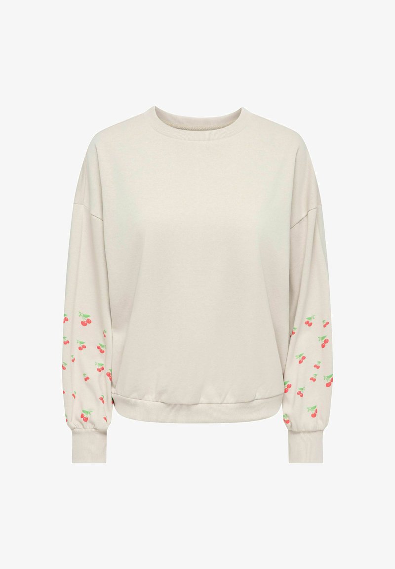 Bluză bej deschis cu decolteu rotund și mâneci lungi, având un model repetat cu cireșe pe mâneci și manșete cu țesătură canelată.