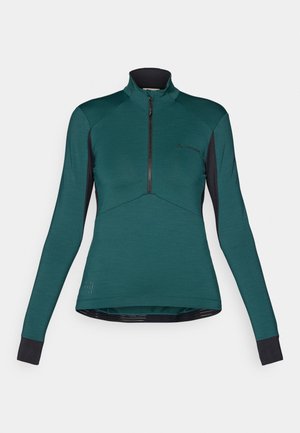 Teal langemouwen top met een halflange ritskraag, voorzien van zwarte accenten op de mouwen en een subtiele logo op de voorkant. Geschikt voor actieve kleding.