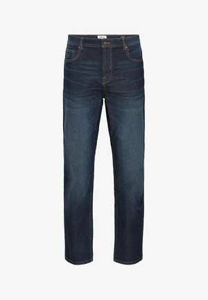 Tumedat sinised denim püksid, otse jala disainiga, millel on viis taskut, kontrast õmblused ja nööbiga sulgemine.