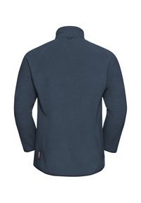Pullover in pile blu navy con colletto alto, maniche raglan e orlo curvo verso l'alto ai lati. Presenta un'etichetta con logo.
