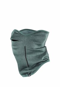 Green fabric neck gaiter with a smooth texture, contoured design, and a small opening. Features a black vertical stripe and logo detail.
