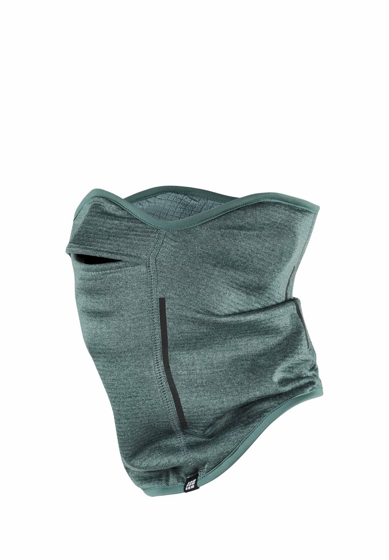 Green fabric neck gaiter with a smooth texture, contoured design, and a small opening. Features a black vertical stripe and logo detail.