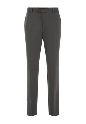 Pantalones gris oscuros de corte recto, hechos de una tela suave, con cierre de botón y bolsillos frontales planos.