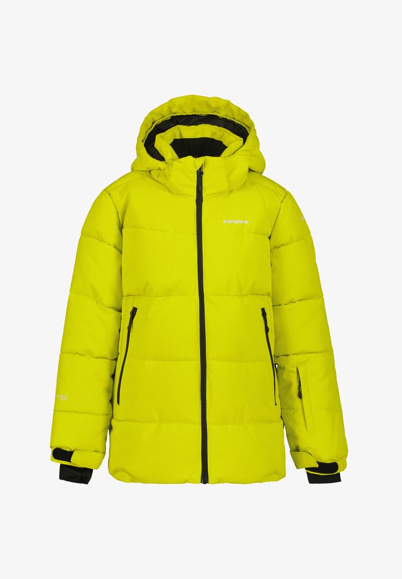 Limoengroene pufferjack met een capuchon, voorzien van zwarte ritssluitingen, elastische manchetten en twee voorzakken met rits.