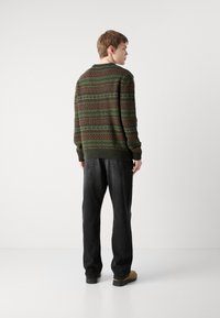 Knitted sweater with green, brown, and multicolored pattern; crew neck; ribbed cuffs and hem, paired with black trousers and brown shoes.