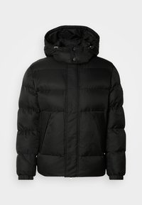 Μαύρο μπουφάν με κουκούλα, με καπιτονέ σχέδιο, δύο μπροστινές τσέπες και ελαστικούς καρπούς. Κατασκευασμένο από υλικό υφής, ανθεκτικό στο νερό.