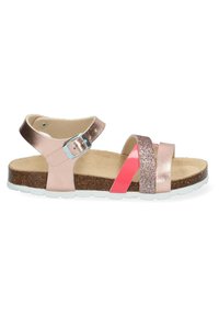Sandalias de tiras en materiales rosa, metálico y con brillo. Cuentan con una correa con hebilla, plantilla acolchada y suela texturizada para mayor tracción.