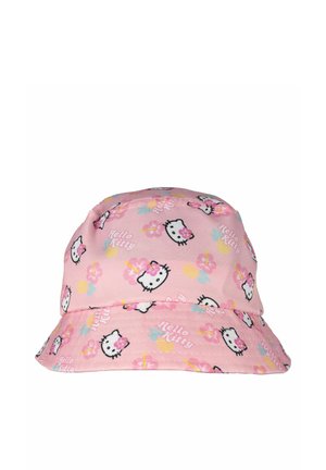 Pink bucket hat with repeated Hello Kitty faces, flowers, and the words Hello Kitty printed all over the fabric.