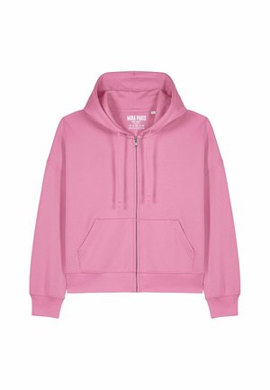 Pink zip-up hoodie with a front pouch pocket, drawstrings, and ribbed cuffs. Made of soft fabric, featuring a relaxed fit design.