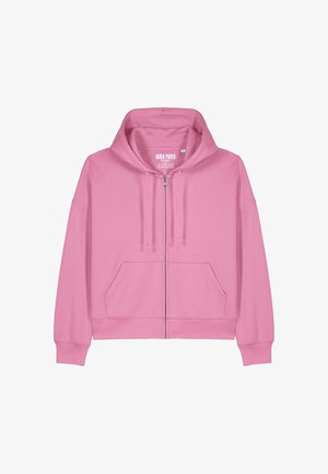 Rosa Kapuzenpullover mit Reißverschluss, einer Kängurutasche vorne, Kordelzügen und gerippten Bündchen. Hergestellt aus weichem Stoff und mit lockerem Schnitt.