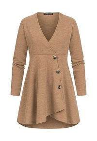 Brun langermet topp med omslagsdesign, V-hals og tre dekorative knapper på siden. Mykt, teksturert stoff med en flytende kant.