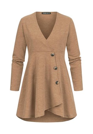 Braunes Langarmshirt mit Wickeldesign, V-Ausschnitt und drei dekorativen Knöpfen an der Seite. Weicher, strukturierter Stoff mit fließendem Saum.