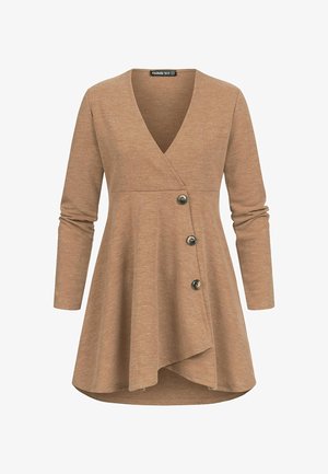 Maglia marrone a maniche lunghe con design avvolgente, scollo a V e tre bottoni decorativi sul lato. Tessuto morbido e strutturato con orlo fluente.