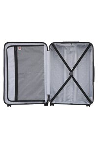 Black suitcase with a gray interior, featuring a mesh zippered pocket, elastic cross straps, and a smooth texture.