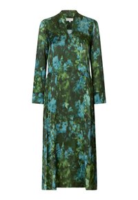Abito floreale con maniche lunghe, realizzato in tessuto leggero. I colori predominanti sono verde scuro, azzurro e teal, con scollatura a V.