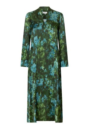 Blomsterkjole med lange ærmer, lavet af letvægtsstof. Dominerende farver er mørkegrøn, lyseblå og teal, og den har en v-hals design.