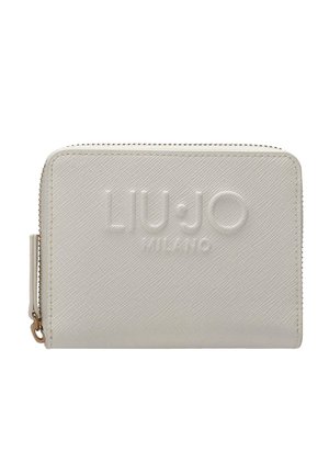 Portafoglio bianco con texture e chiusura a zip su tutti i lati, logo LIU JO Milano in rilievo sul davanti e cursore della zip dorato sul lato sinistro.