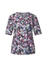 Multikleurig shirt met korte mouwen, voorzien van een textuur en abstract patroon in tinten van roze, grijs, blauw en wit, met een ronde hals.
