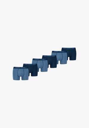 Sieben Herren-Boxershorts in verschiedenen Blautönen, gefertigt aus einem weichen Stoff mit bequemem Bund, der das Markenlogo trägt.