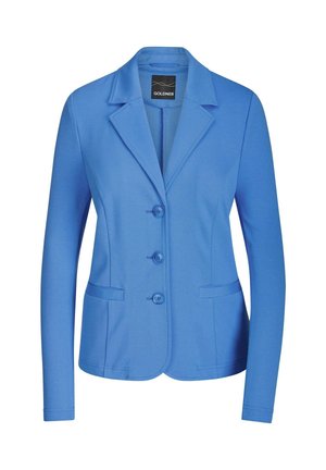 Damenblazer in Blau mit drei Knöpfen, gekerbtem Revers und zwei Fronttaschen.