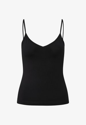 Zwart, gedessineerd cami-top met dunne spaghettibandjes en een V-hals op een witte achtergrond.