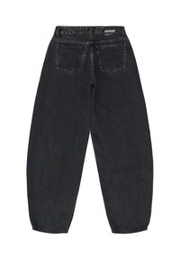 Svarta baggy jeans med en något urtvättad textur, featuring en knapp- och dragkedjestängning, två bakfickor och en märkesetikett vid midjan.