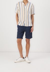 Camicia a maniche corte con bottoni, a righe verticali in beige chiaro, blu e nero; abbinata a pantaloni corti blu navy e scarpe da ginnastica bianche.