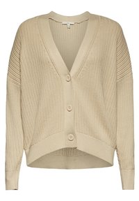 Beige gebreide cardigan met V-hals, voorzien van vijf knopen, ribbelstructuur en verlaagde schouders. Verkort aan de onderkant voor een relaxte pasvorm.