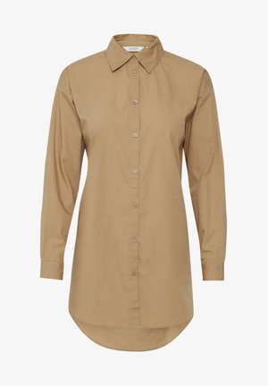 Braunes Langarmhemd mit spitzem Kragen, Knopfverschluss und abgerundetem Saum. Aus glattem Stoff gefertigt, mit dezenten Knopfakzenten.