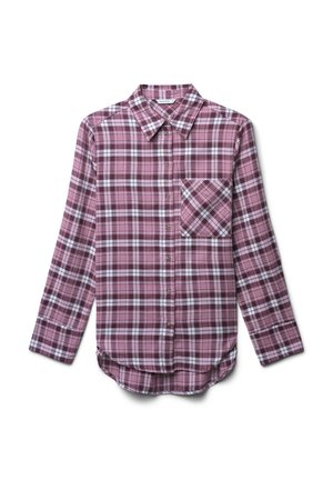 Camicia a maniche lunghe a quadri in malva e bianco, con colletto a bottoni, taschino frontale e orlo arrotondato. Realizzata in tessuto leggero.