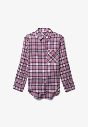 Chemise à manches longues en tartan mauve et blanche, avec un col boutonné, une poche avant et un ourlet arrondi. Fabriquée en tissu léger.